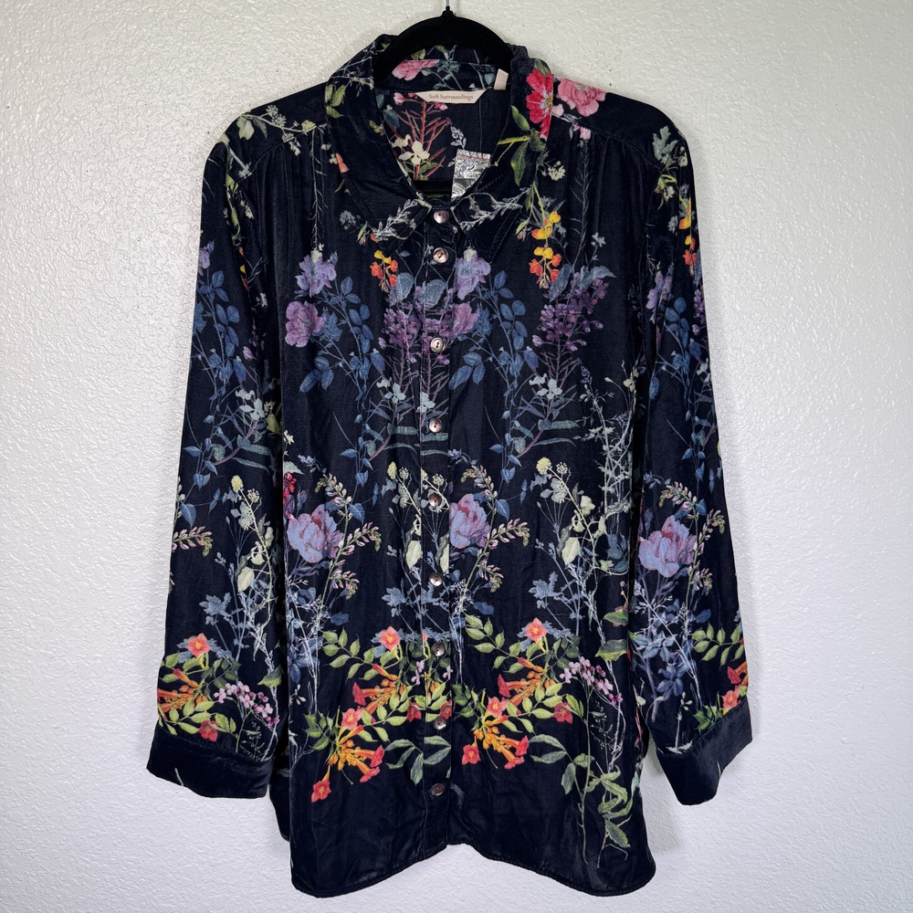 Soft Surroundings Tunic Top Womens 3X Floral Velvet Button Front Boho Plus Size